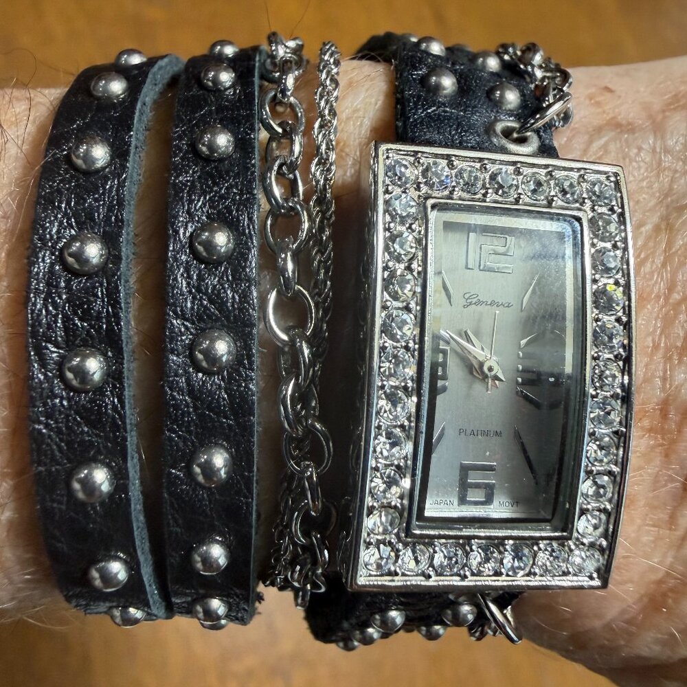 Geneva Platinum Watch-Rhinestone Face, Black Leather Wrap Band, Silver Chains